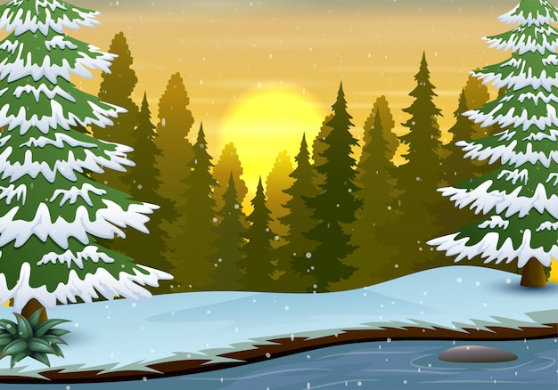 winter scene with river and forest background