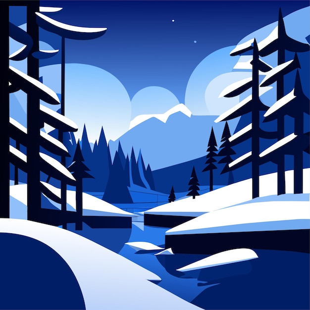 눈 덮인 풍경과 배경에 산이 있는 숲이 있는 겨울 장면