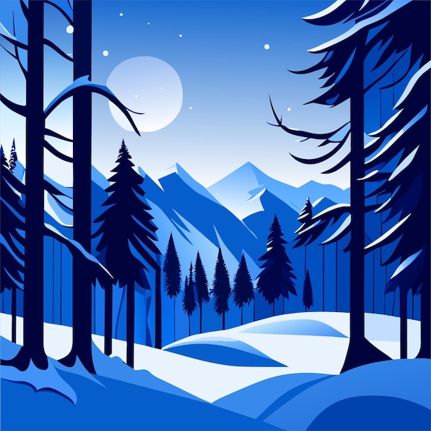 A winter scene with a snowy landscape and a forest with a mountain in the background