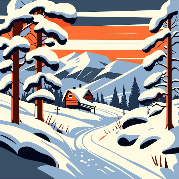 A winter scene with a snowy landscape and a forest with a mountain in the background