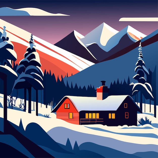 Vector a winter scene with a snowy landscape and a forest with a mountain in the background
