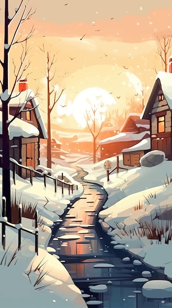 A winter scene with a snowy road and a snowy village