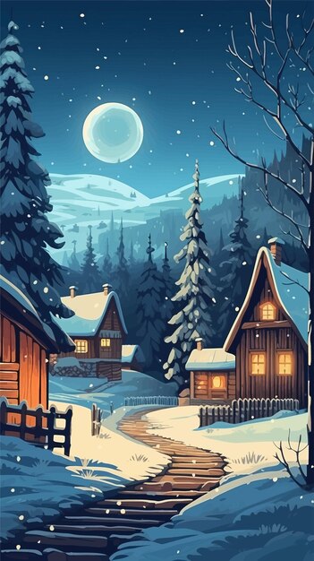 A winter scene with a snowy village and a full moon