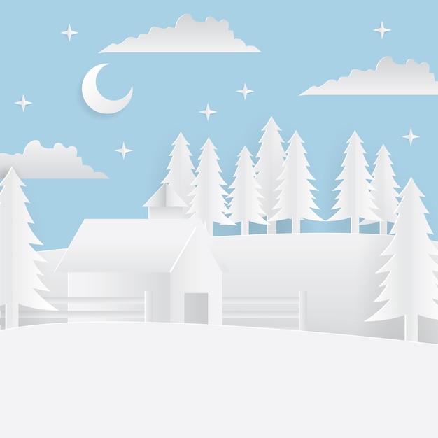 Winter scenery background in paper cut style