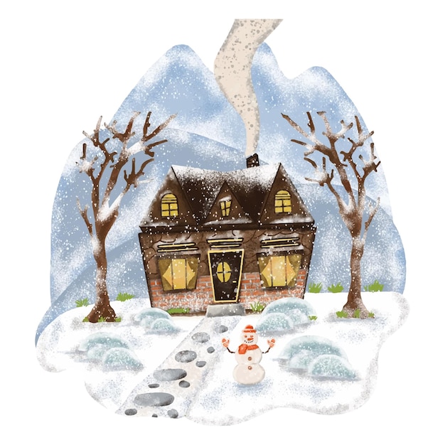 Концепция зимнего пейзажа с горой, домом, снеговиком и деревом в иллюстрации зимнего сезона снегопада