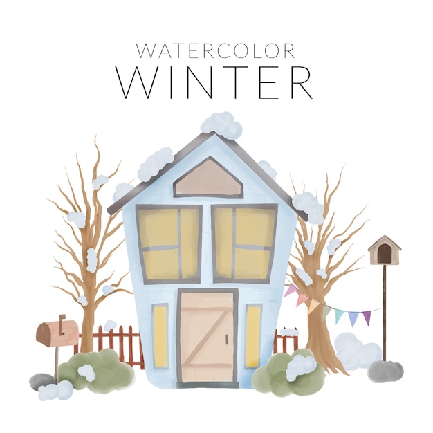 家と木の水彩画手描きスタイルの冬の風景