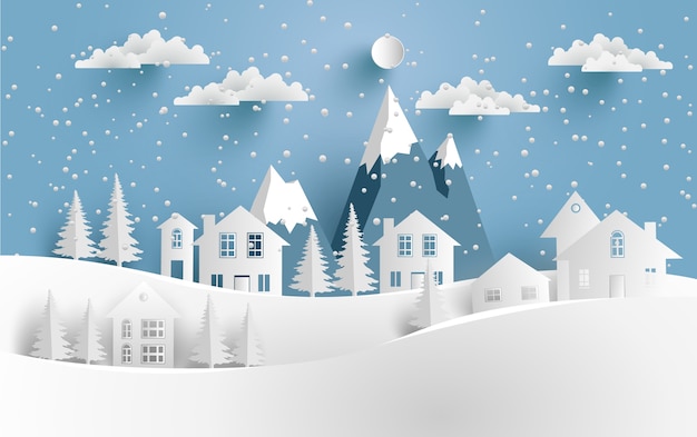 Vettore scenario invernale con neve e case sulla collina. design arte e artigianato di carta