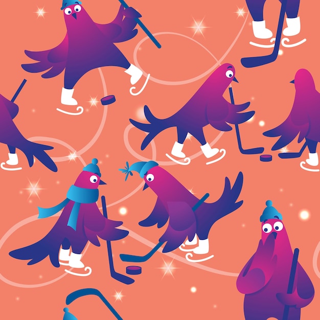 冬のシームレスなパターン。面白い鳩とクリスマスのシームレスな背景。面白いキャラクターがスケート靴に飛び込みます。ハトはアイスリンクでスケートをしています。休日のベクトル図。お祭りの背景。