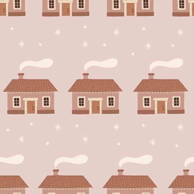 Winter seamless pattern of cute house with stars