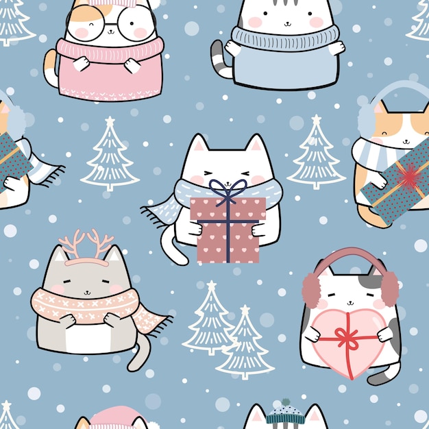 Inverno seamless pattern kawaii cute cats cartoon animals background vector illustration