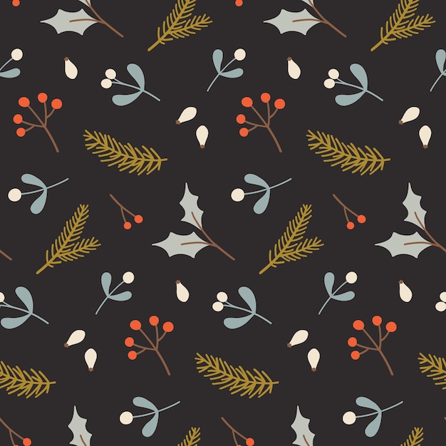 Winter seamless pattern with berries, leaves, and fir branches. Christmas background. Good for fabric, wrapping paper, postcard design.