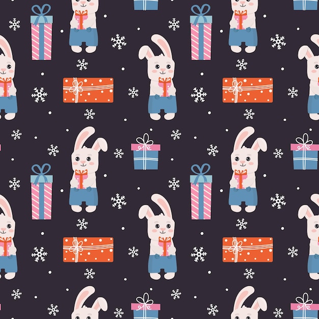 Winter seamless pattern with bunny presents and snowflakes perfect for wrapping paper greeting cards and seasonal design