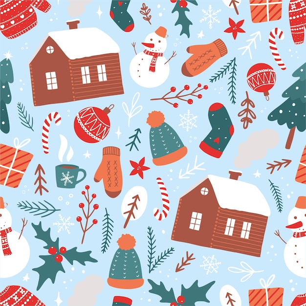 Winter seamless pattern with cartoon elements