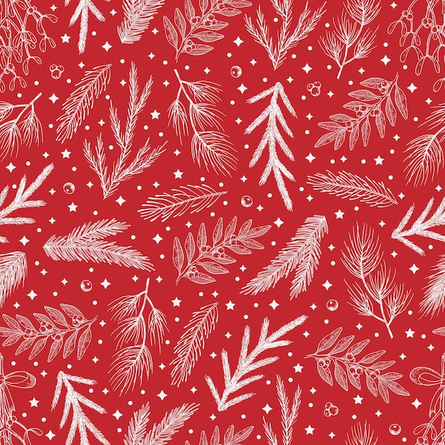 Winter seamless pattern with christmas tree branches and berries vector illustration background