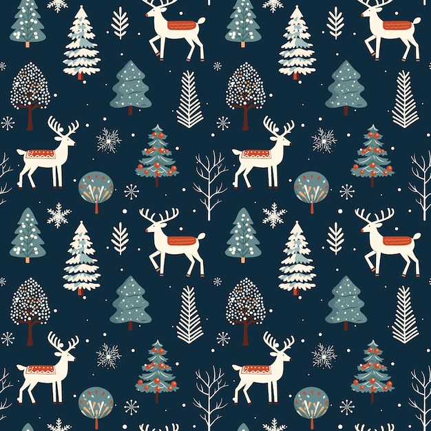 Winter seamless pattern with deer and snowy trees Christmas vector pattern Winter background