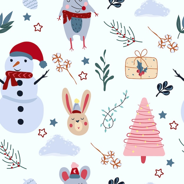 Winter seamless pattern with funny mouse in a scarf, snowman,Christmas tree,rabbit and leaves around