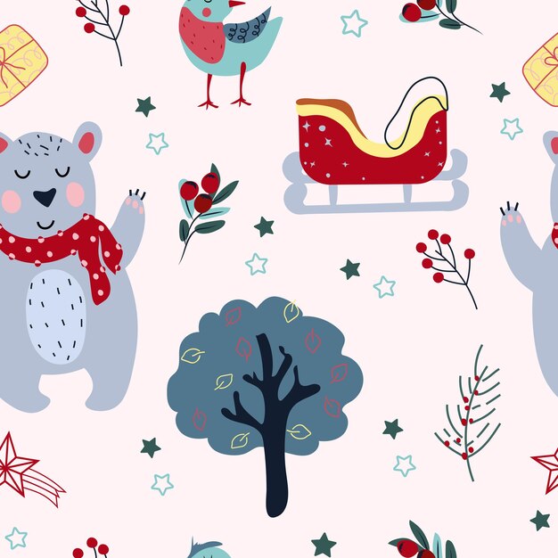 Winter seamless pattern with funny polar bear in a scarf, Christmas sleigh, bird, and stars around.