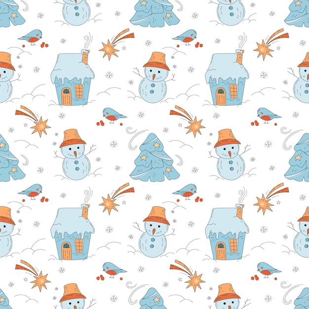 Winter seamless pattern with funny snowman and cute house