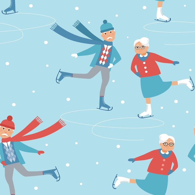 Winter seamless pattern with old couples on ice rink.