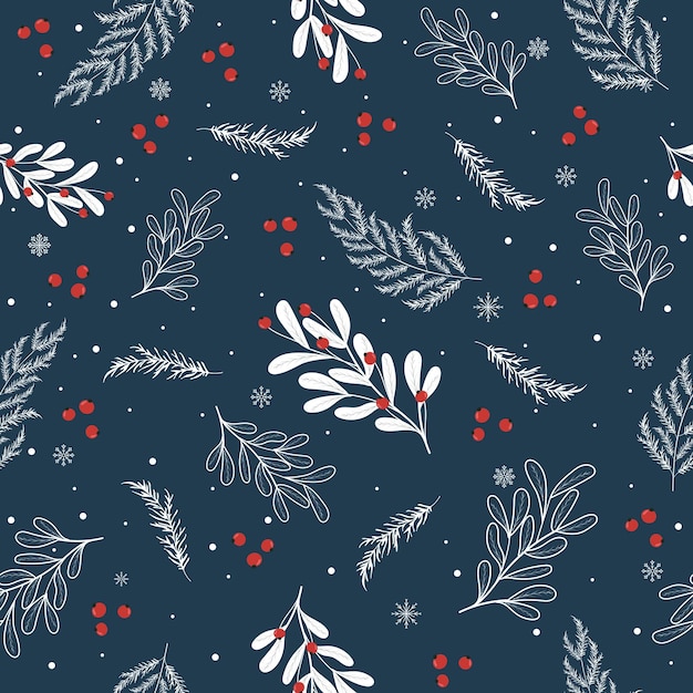 Winter seamless pattern with red berries and snowcovered branches on blue background For postcards