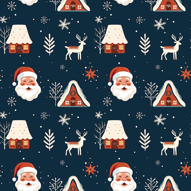 Winter seamless pattern with scandinavian houses santa klaus Christmas vector pattern Winter design