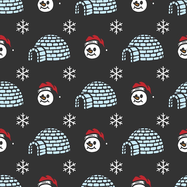 Winter seamless pattern with snowman igloo house and snowflakes on dark background