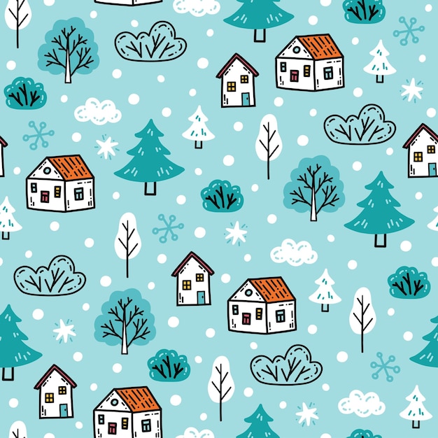 Зимний бесшовный рисунок с крошечными домиками, снежными деревьями, снежинками