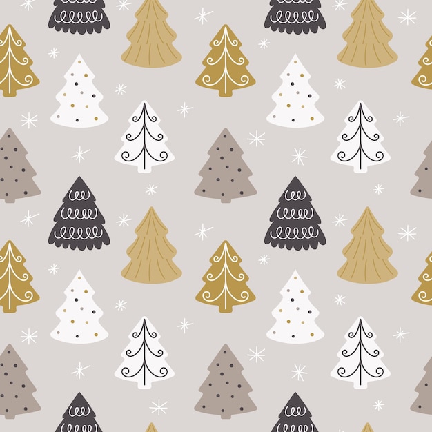 Winter seamless pattern with various hand drawn Christmas trees Festive seamless background for winter and New Year holidays