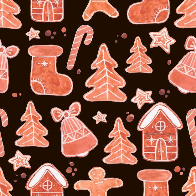 Winter seamless patterns with gingerbread cookies. Holiday treat on black background. Vector