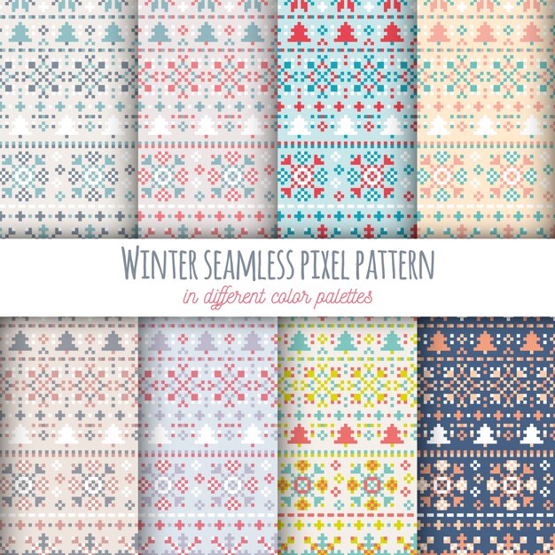 Vector winter seamless pixel pattern in 8 different color palettes