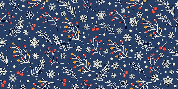 Winter Seamless vector Pattern with branches, leaves, Berries and snowflakes.
