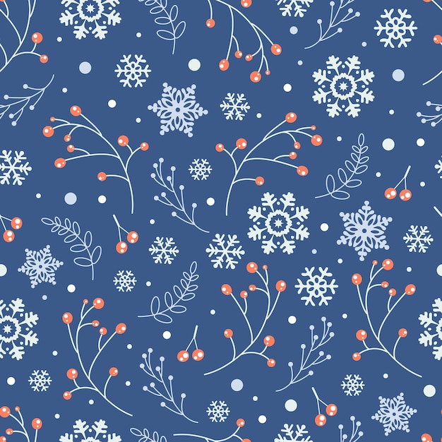 Vector winter seamless vector pattern with branches, leaves, berries and snowflakes.