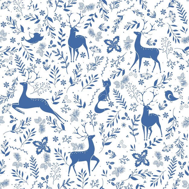 Winter seamless vector pattern with holly berries deer fox bird and christmas branch