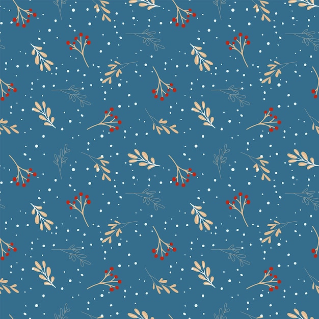 Winter seamless vector pattern with holly berries and leaves