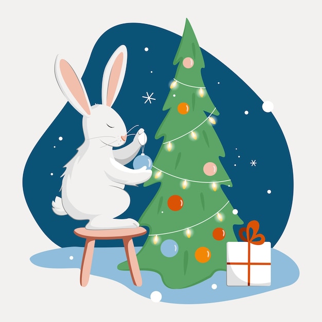 Winter season a cute bunny decorates the christmas tree. merry christmas and happy new year