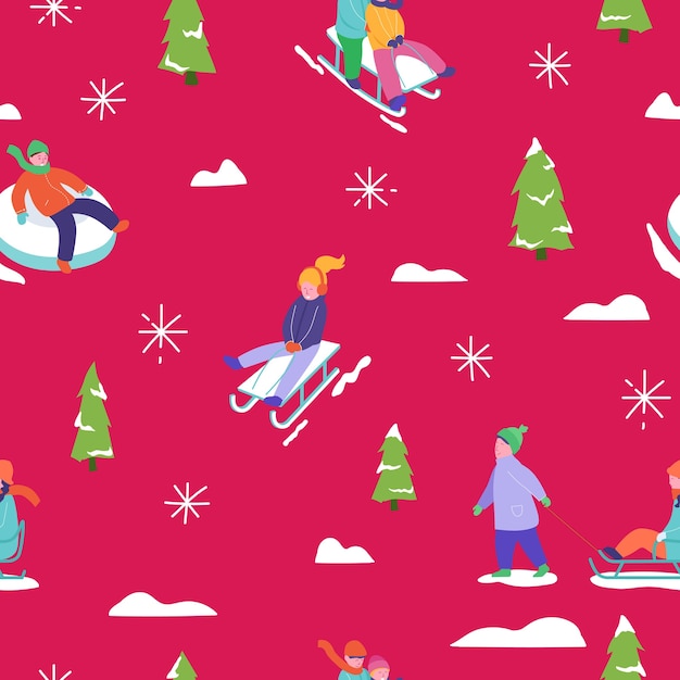 Иллюстрация зимнего сезона фон с людьми характер семейного катания на санях. рождество и новый год праздник бесшовные модели для дизайна, оберточной бумаги, приглашения, открытки, плакаты.