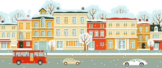 Vector winter season small town urban landscape background in flat style