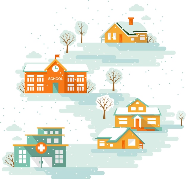 winter season small town urban landscape background with houses school and hospital