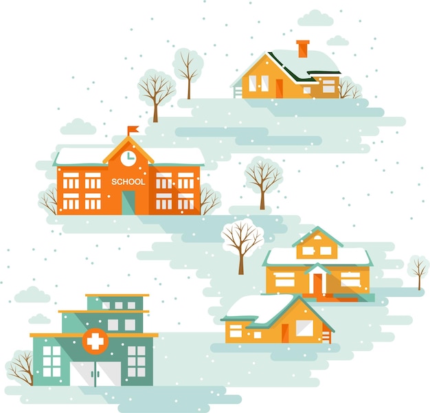 Vector winter season small town urban landscape background with houses school and hospital