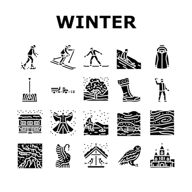 Winter season snow cold holiday icons set vector