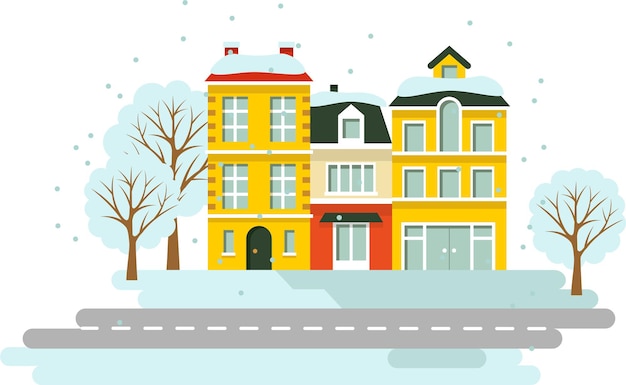 Winter Season Townhouse Building Apartment Town House in Flat Style