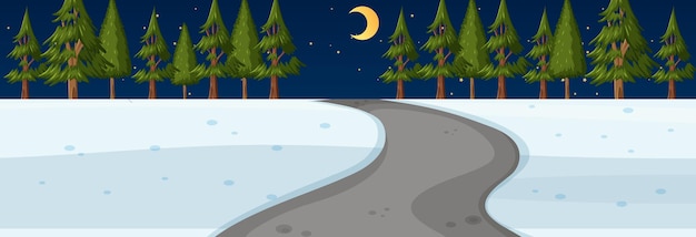 Vector winter season with road through the park at night time horizontal scene