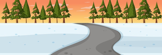 Vector winter season with road through the park at sunset time horizontal scene