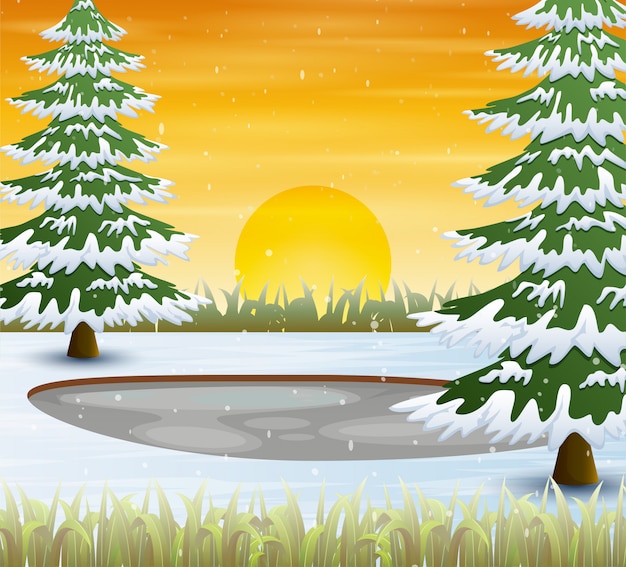 Winter season with snow covered trees at sunset scene