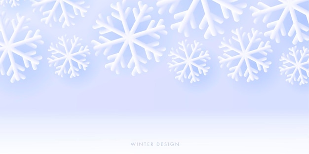 Winter seasonal background with white 3d snowflakes on soft blue backdrop