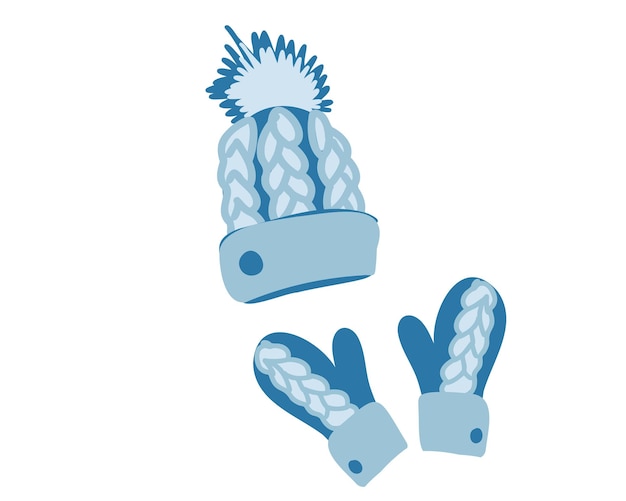 Vector winter set of blue hat and mittens isolated on white background.