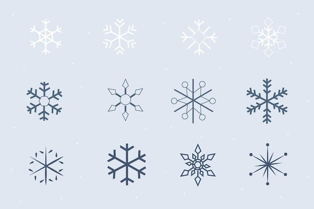 Зимний комплект. синий набор из двенадцати значков силуэта снега на синем фоне