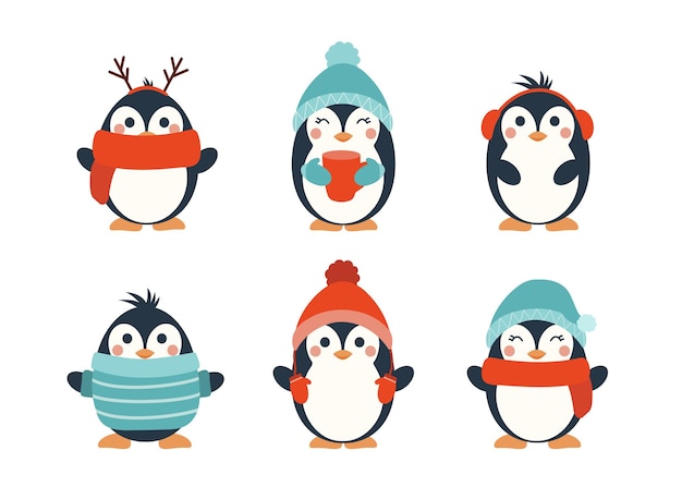 Winter set of cartoon penguins. Christmas character. Winter 2023