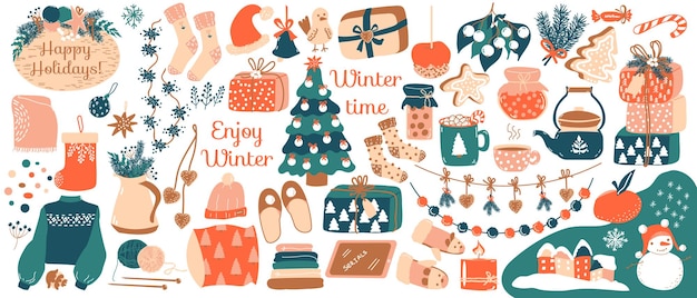 winter set. vector items of clothes, kitchenware, gift boxes, garlands, gingerbread, candy, christmas toys.