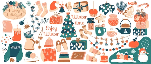 Winter set. Vector items of clothes, kitchenware, gift boxes, garlands, gingerbread, candy, christmas toys.